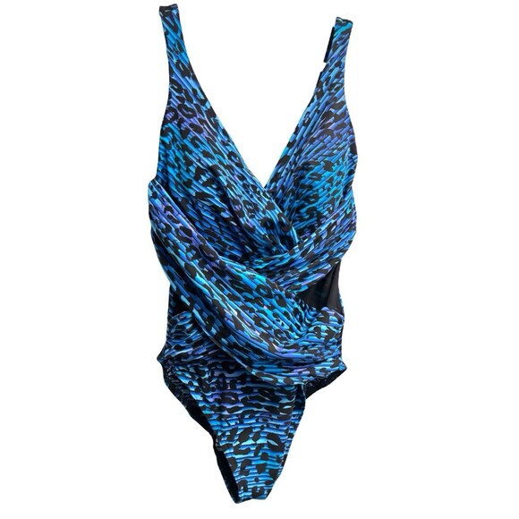 Miraclesuit Purr Fection Crossover One Piece Swimsuit Sz Small Blue Mesh Cutout - Picture 5 of 13